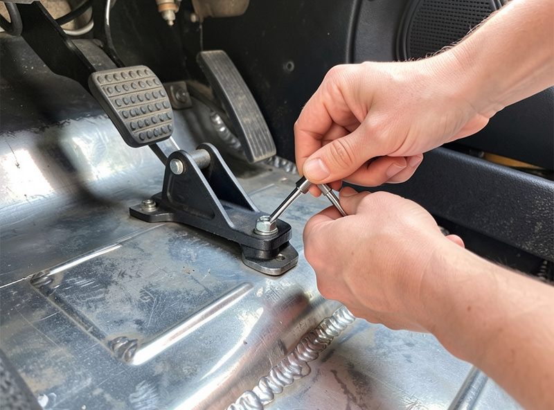 Hands using an allen key to adjust a brake pedal bracket on a welded steel pedal deck