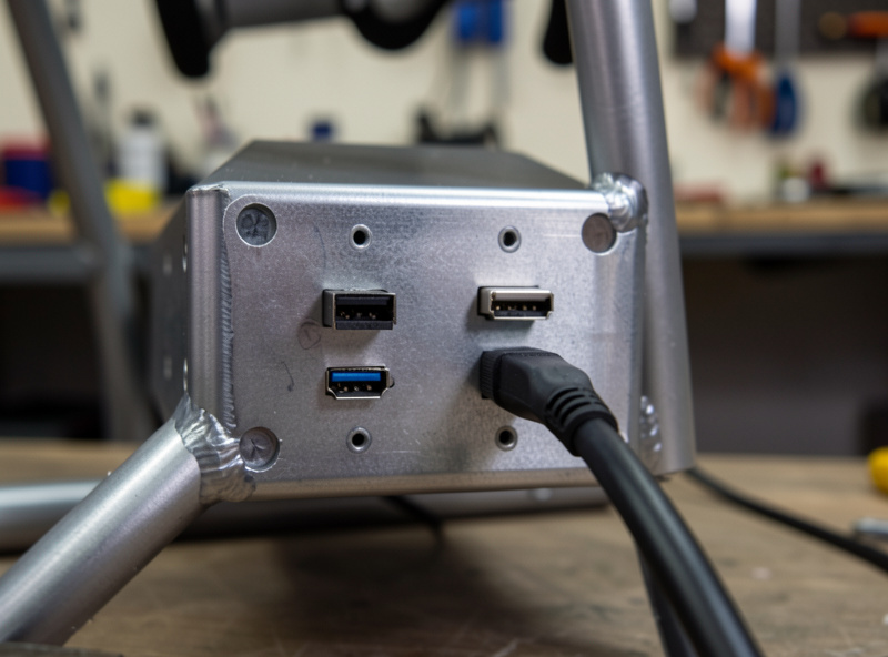 Rear panel of a direct-drive sim racing wheelbase showing USB and power connections on a welded steel rig