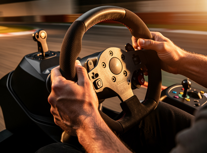 Driver gripping a sim racing steering wheel on a direct-drive base with force feedback active