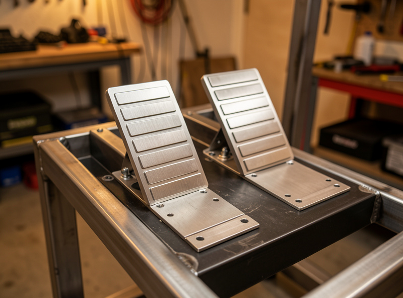Load-cell sim racing pedals with metal faces mounted to a welded steel rig frame