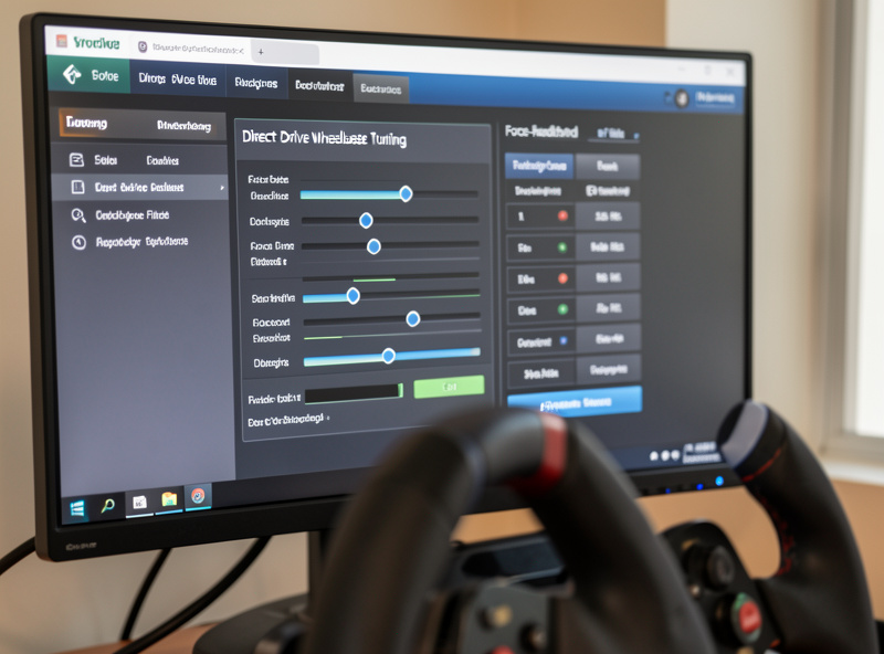 Direct-drive wheelbase tuning software open on a monitor beside a formula-style sim racing wheel