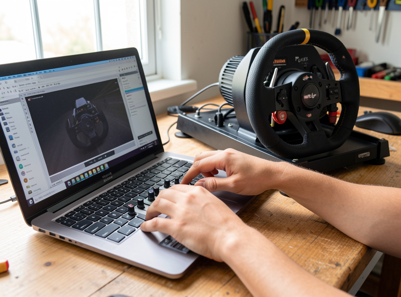 Hands adjusting force feedback filter sliders in wheelbase software on a laptop next to a direct-drive base