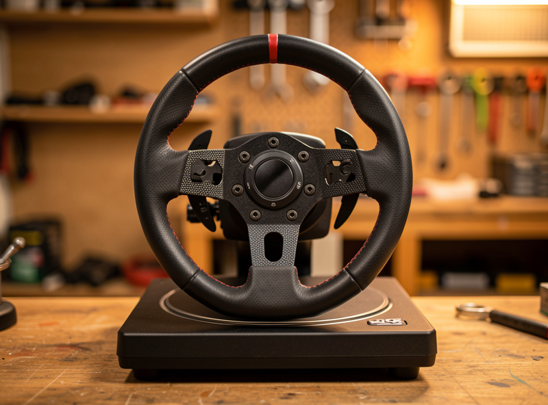 Sim racing steering wheel rim held perfectly centered with symmetrical spokes on a direct-drive base