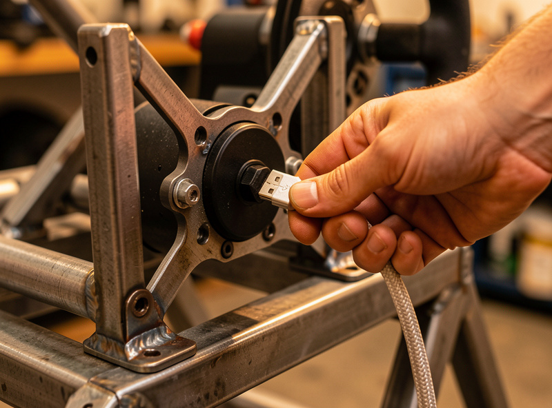 Hand seating a braided USB cable into the back of a direct-drive sim racing wheelbase on a welded rig
