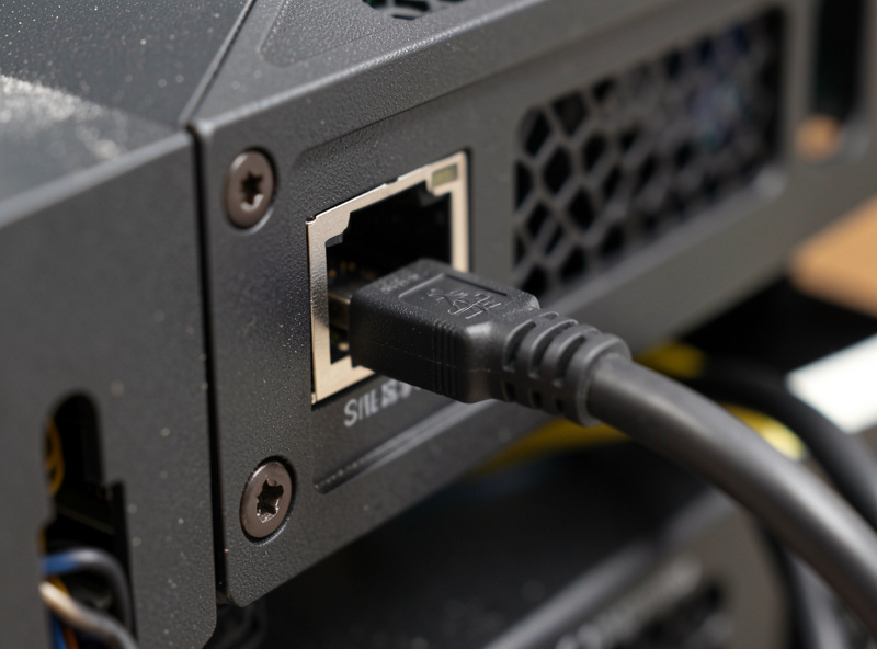 USB cable connector being seated into a motherboard port on the back of a gaming PC