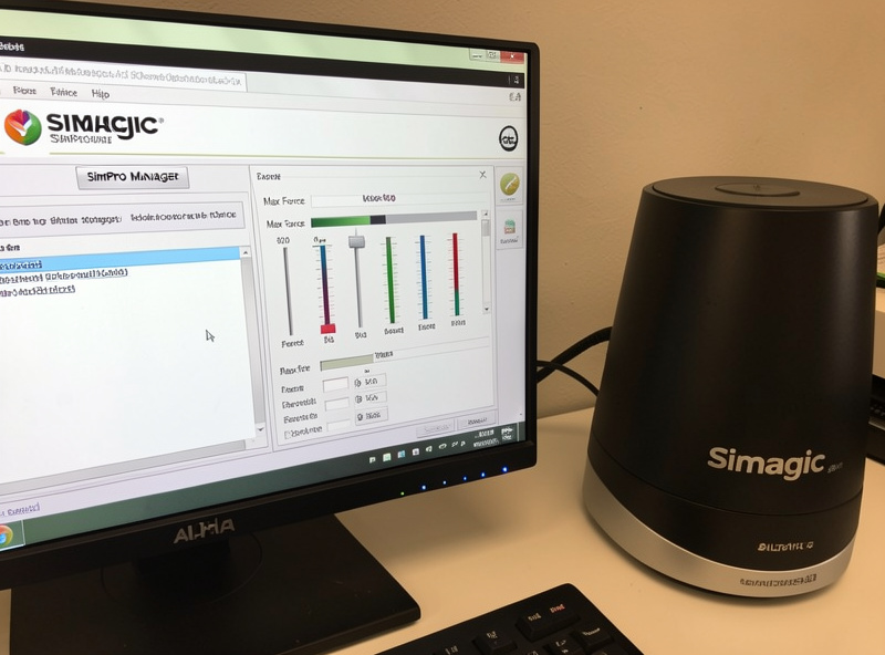 Simagic SimPro Manager software open on a monitor showing Max Force and filter settings beside a Simagic Alpha base