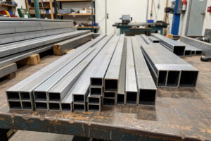 Square steel tube stock in different sizes and wall thicknesses on a workshop bench