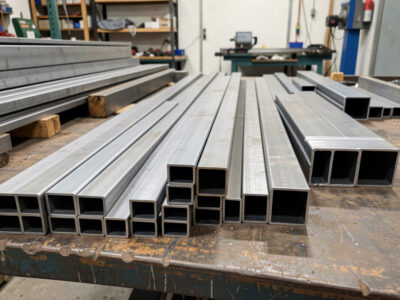 Square steel tube stock in different sizes and wall thicknesses on a workshop bench