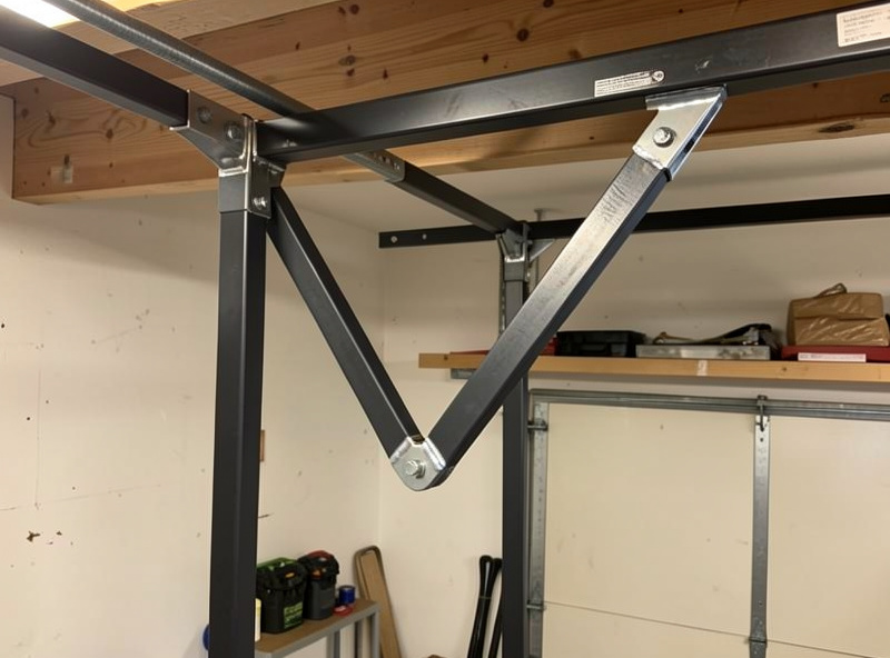 Diagonal steel brace welded into a sim rig frame corner for triangulation
