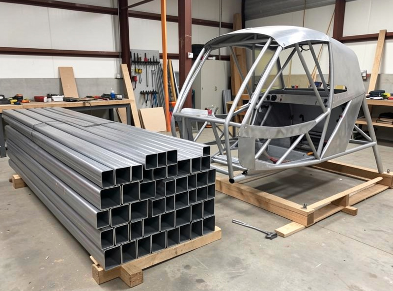 Stack of 40x40mm mild steel tube next to a sim rig cockpit under construction