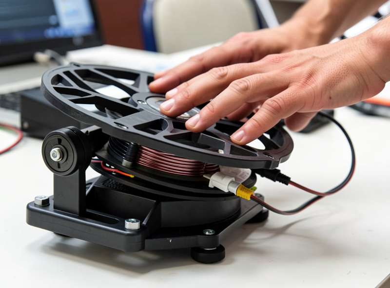 Hand pushing on a sim rig wheel deck to test frame flex with a direct-drive base mounted