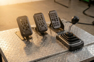 A full three-pedal sim racing set with an H-pattern shifter on a welded steel deck