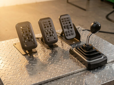 A full three-pedal sim racing set with an H-pattern shifter on a welded steel deck