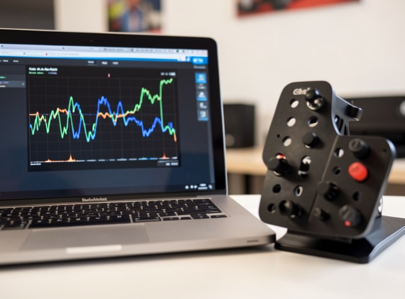 A clutch bite-point calibration screen on a laptop next to a sim racing clutch pedal