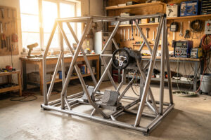 Welded steel-tube sim racing cockpit with direct-drive base and load-cell pedals in a home workshop