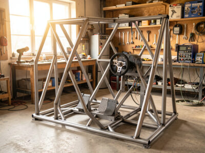 Welded steel-tube sim racing cockpit with direct-drive base and load-cell pedals in a home workshop