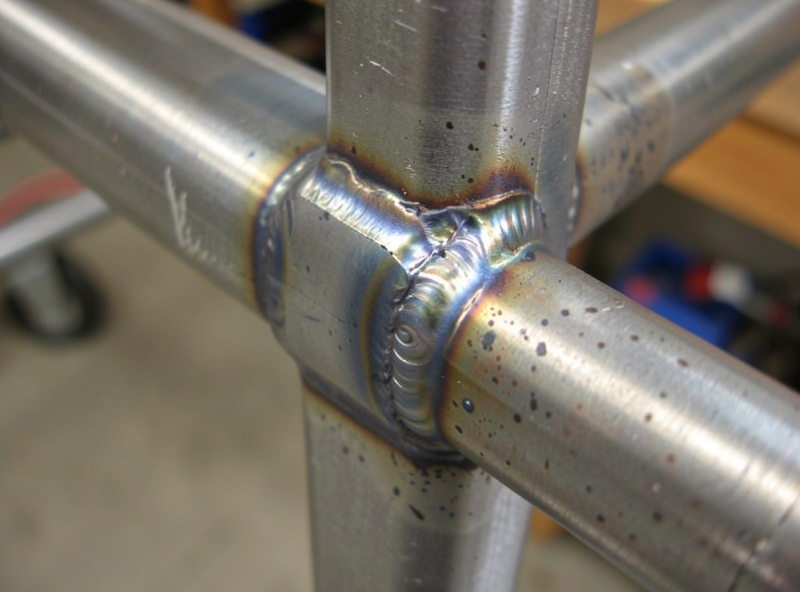 Close-up of a freshly MIG-welded steel tube joint on a sim rig frame showing weld bead and heat tint