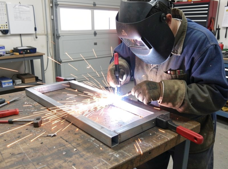 Builder tack-welding a rectangular steel tube sim rig frame with clamps holding the joint square