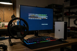 Sim racing wheelbase connected to an Xbox Series X showing an error on the monitor