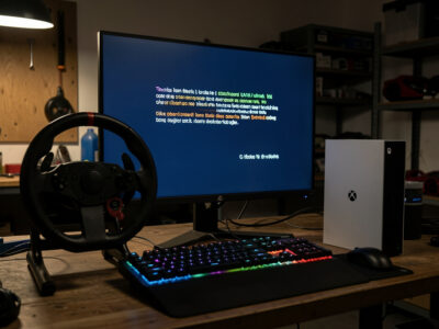 Sim racing wheelbase connected to an Xbox Series X showing an error on the monitor